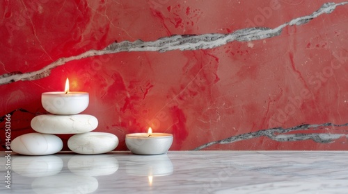 Glossy marble surface holding a candlelit display, a soft-focus romantic background in red tones. photo