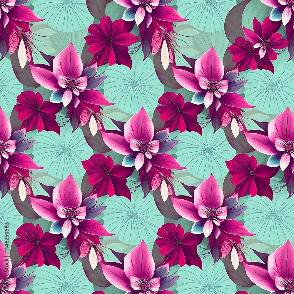 Fototapeta premium Tropical Floral Seamless Pattern: An enchanting pattern featuring lush pink and crimson flowers amidst a vibrant turquoise background, perfect for adding a touch of tropical elegance to your designs.