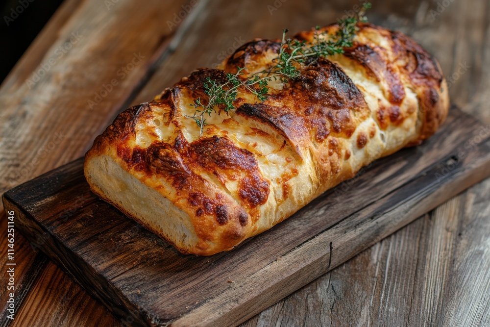 Rustic artisanal bread loaf with a golden crust and fresh herbs on a wooden board Rustic artisanal bread loaf with a golden crust and fresh herbs on a wooden board