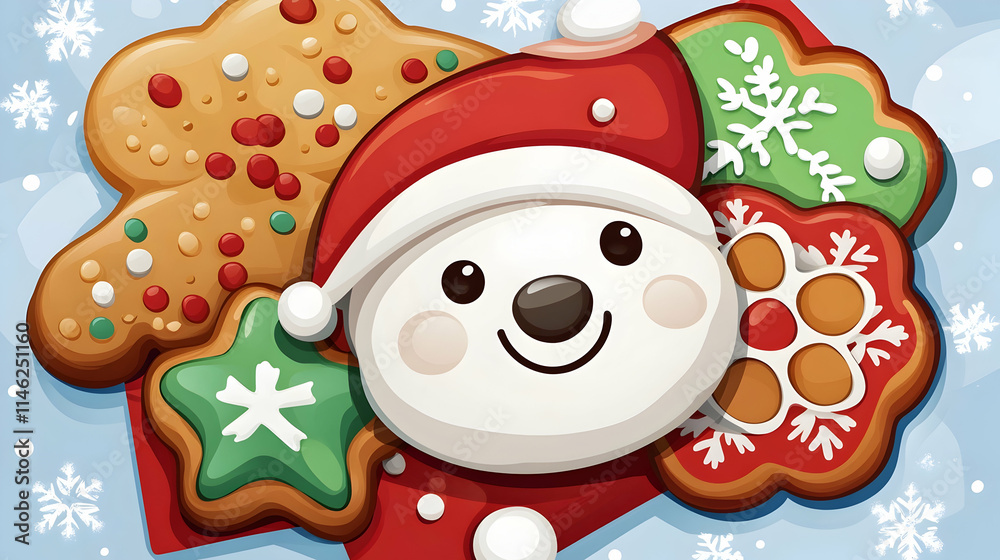 Festive Snowman Cookie Design, Winter Wonderland Background, Christmas Treats, Holiday Baking, App Icon. Festive Snowman Cookie Design, Winter Wonderland Background, Christmas Treats, Holiday Baking, App Icon.
