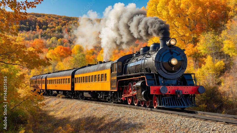 Obraz premium A vintage steam locomotive traveling through a scenic autumn landscape