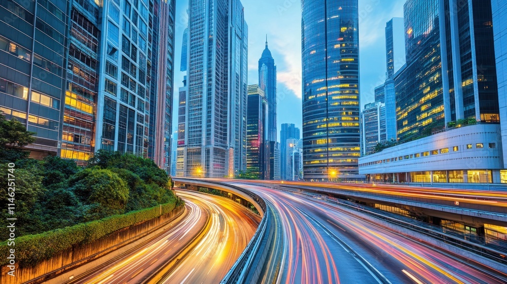 City highway with skyscrapers at dusk, light trails. City highway with skyscrapers at dusk, light trails.