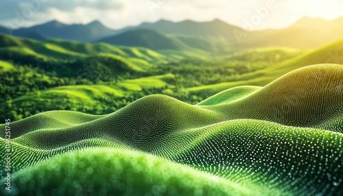 Concept of a digital world with vibrant green pastures and hills, representing the balance between nature and cuttingedge digital technologies photo