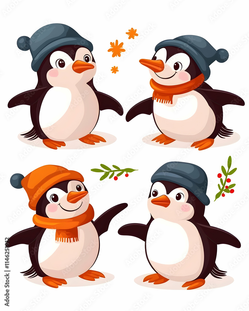Fototapeta premium Four Cute Cartoon Penguins Winter Holiday Design Elements.