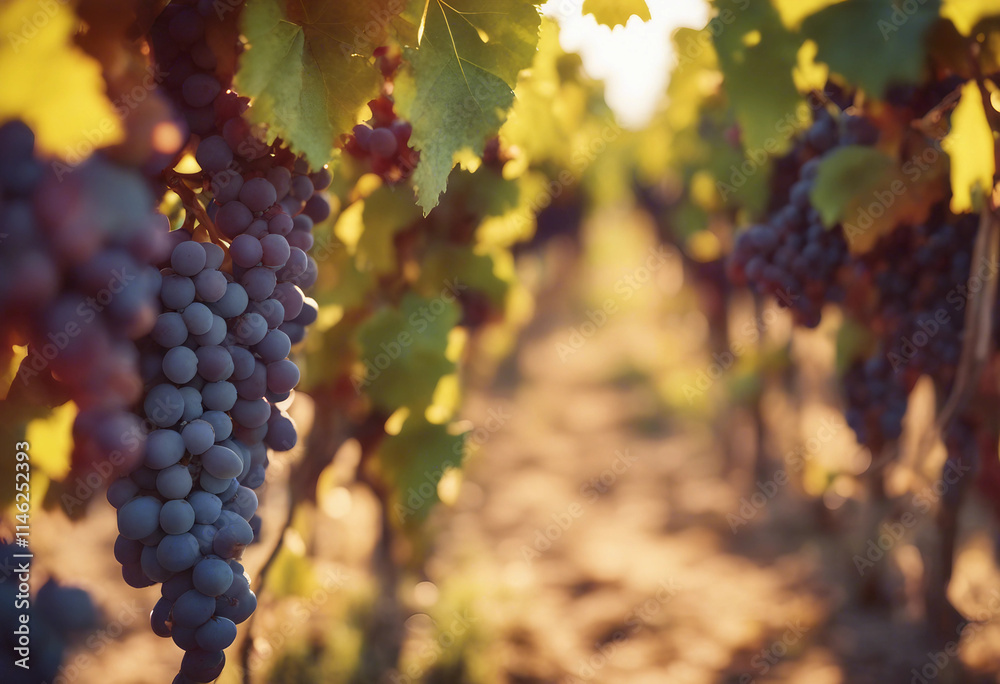 Fototapeta premium Vineyard with ripe grapes in countryside at sunset