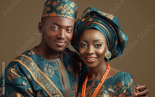 A young African couple in traditional clothing, smiling, looking at the camera.