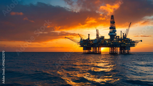 An offshore oil rig silhouetted against a vibrant sunset photo