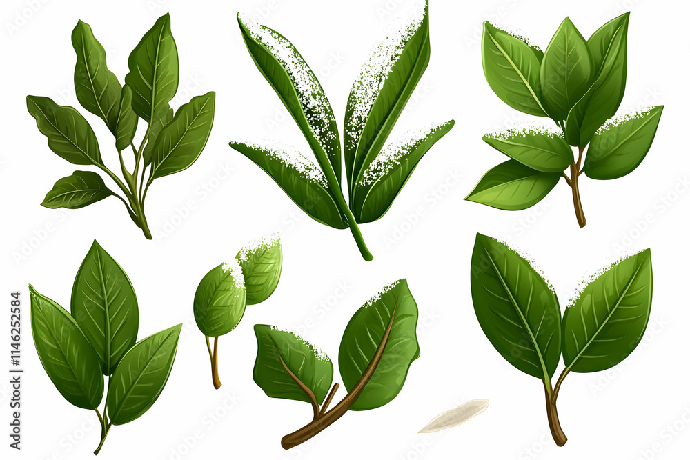 Fototapeta premium Green leaves with some snow, shown on a white background, for nature illustration and graphic use.