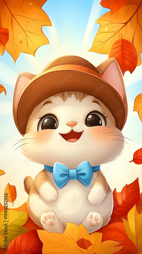Obraz premium Happy Autumn Cat in Leaves, Fall Mobile Wallpaper.