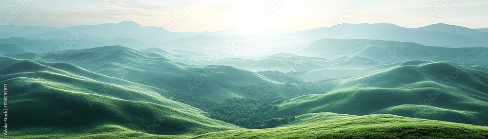 Naklejka premium Futuristic digital world concept with lush green pastures and hills, representing the harmony between nature and advanced technology