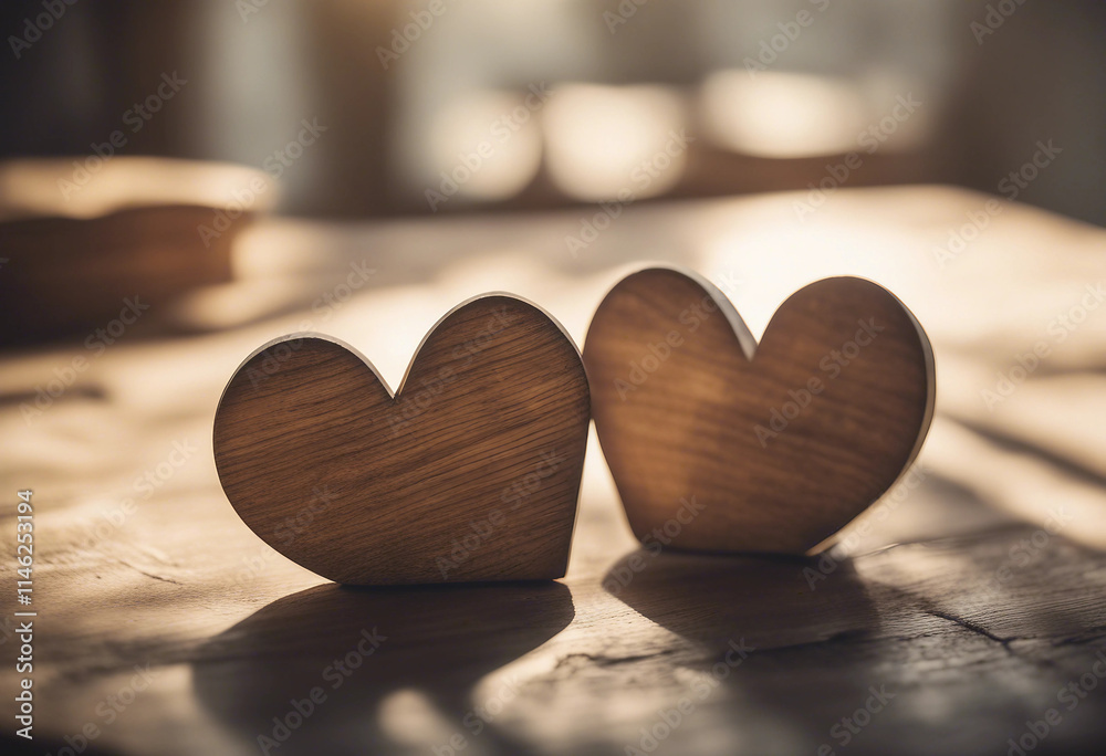 Two Wooden Hearts On Rustic Table With Sunlight Two Wooden Hearts On Rustic Table With Sunlight