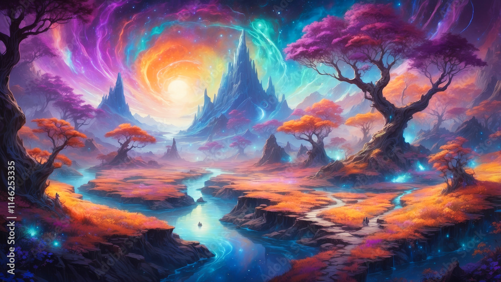 A psychedelic vibrant surreal twilight landscape A psychedelic vibrant surreal twilight landscape