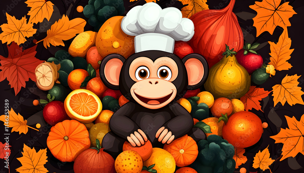 Happy Chef Monkey Amidst Autumn Fruits & Leaves for Thanksgiving Recipe Design. Happy Chef Monkey Amidst Autumn Fruits & Leaves for Thanksgiving Recipe Design.