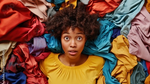 Overwhelmed Afro American woman gives advice to recycle your old clothes sticks out head through multicolored clothing surrouunded by unwearable items collected for donation. Textile recycling