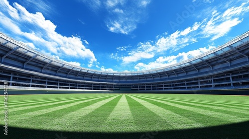 A panoramic view of a stadium field under a clear blue sky.