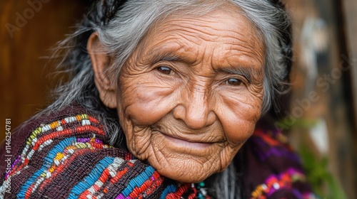 Elderly hispanic woman in colorful shawl smiling gently