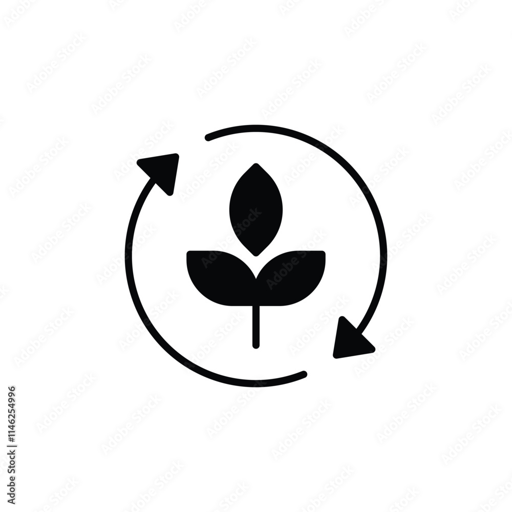 Reforestation icon. Simple solid style. Tree, plant with circle cycle, ecosystem, sustainable, restore, forest, environment concept. Black silhouette, glyph symbol. Vector illustration isolated. Reforestation icon. Simple solid style. Tree, plant with circle cycle, ecosystem, sustainable, restore, forest, environment concept. Black silhouette, glyph symbol. Vector illustration isolated.