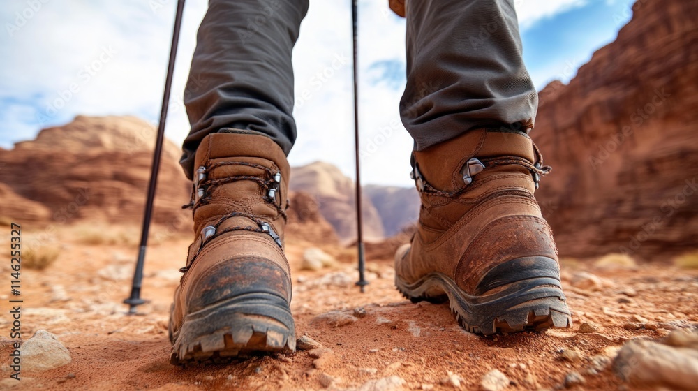 Close-up of hiker's boots on a desert trail. Close-up of hiker's boots on a desert trail.