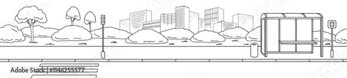 Crosswalk and bus stop street road graphic black white city long landscape sketch illustration vector