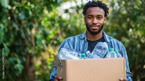 recycling, waste sorting and sustainability concept - close up of african american young man holding box with plastic bottles over green natural background photo