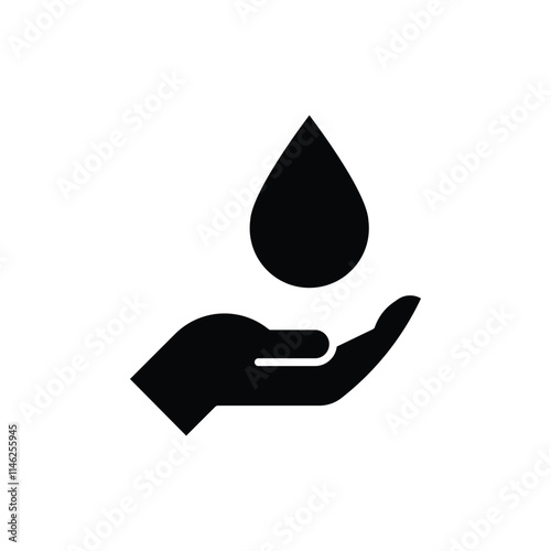 Save water icon. Simple solid style. Hand with water drop, hygiene, clean, energy, care, purity, sea, health, environment concept. Black silhouette, glyph symbol. Vector illustration isolated.