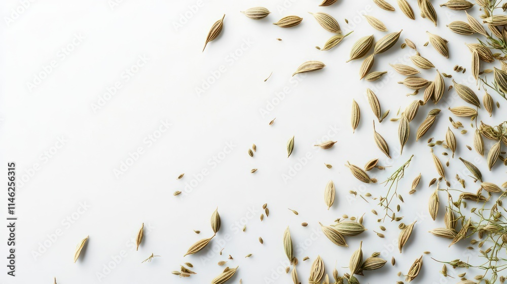Obraz premium Dried Fennel Seeds Scattered On White Background