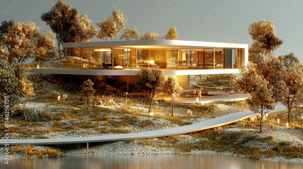 Fototapeta premium Modern circular house on hillside by lake.
