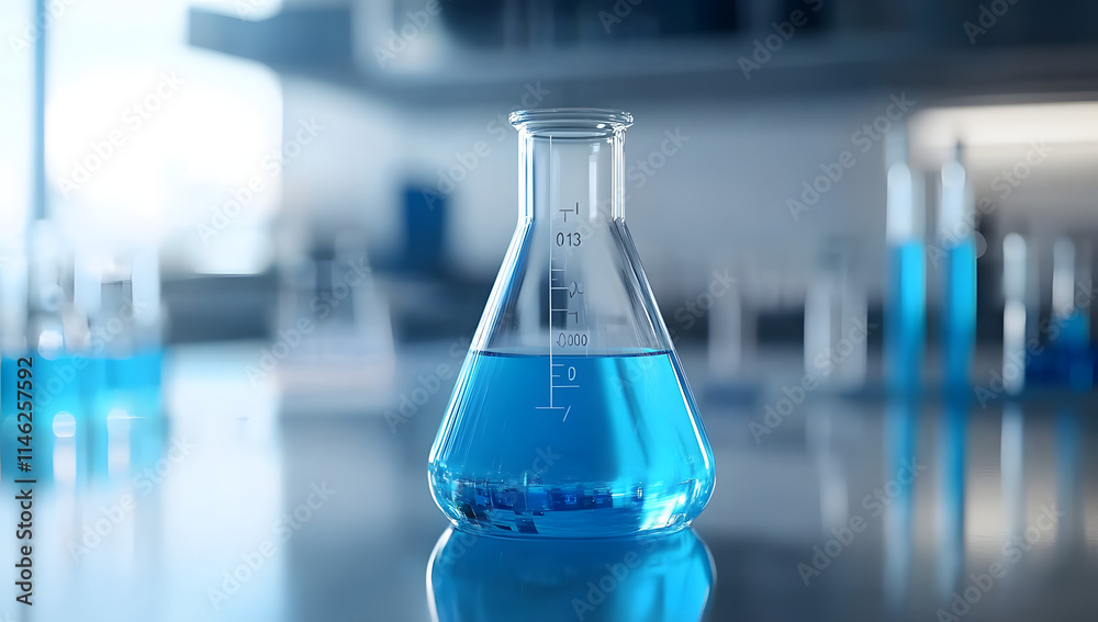 Close-up of a laboratory flask with blue liquid in modern lab Close-up of a laboratory flask with blue liquid in modern lab