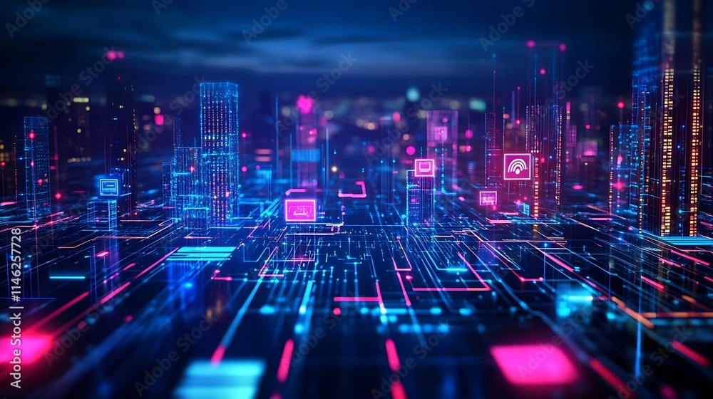 Neon Cityscape with Digital Network Connections Neon Cityscape with Digital Network Connections