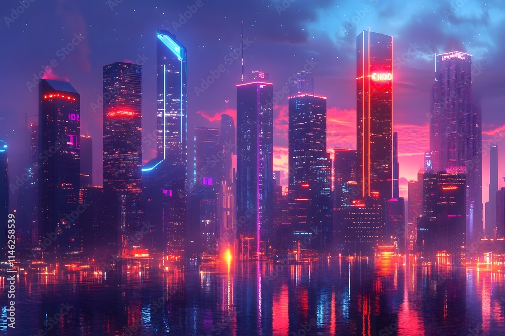 Futuristic Neon Cityscape at Dusk with Reflective Water and Vibrant Skyscrapers Illuminated by Colorful Lights Futuristic Neon Cityscape at Dusk with Reflective Water and Vibrant Skyscrapers Illuminated by Colorful Lights
