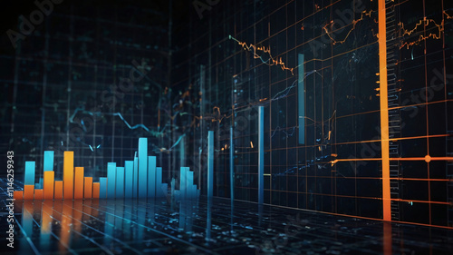 financial business chart with diagrams and stock numbers showing profits and losses over time dynamically, a finance animation