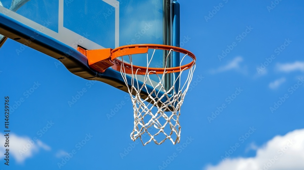 A close-up view of a basketball, background, basket, ball hoop against a blue sky, symbolizing sports and recreation. A close-up view of a basketball, background, basket, ball hoop against a blue sky, symbolizing sports and recreation.