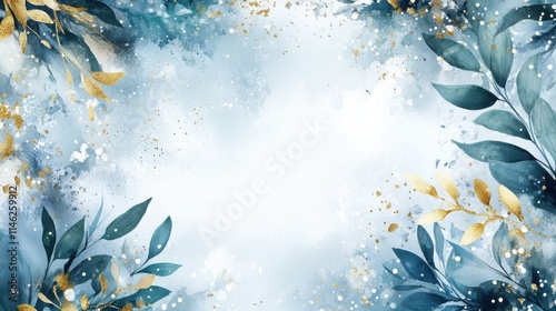 Winter background vector. Hand painted watercolor and gold brush texture, Flower and botanical leaves hand drawing. Abstract art design for wallpaper, wall arts, cover, wedding and. invite card.