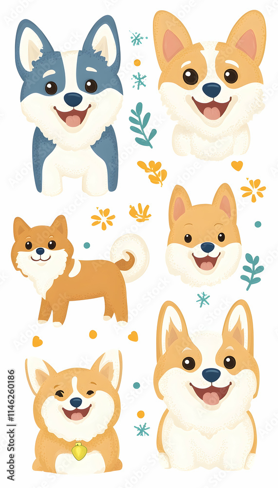 Six Corgis, various poses, digital art with leaves, stock for greeting cards or pet products. Six Corgis, various poses, digital art with leaves, stock for greeting cards or pet products.