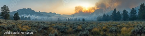 Sagebrush and Grassland Panoramic View in a Serene Setting