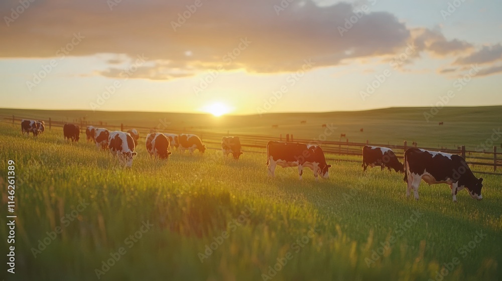 A serene pasture at sunset, with cows grazing peacefully in the vibrant green field under a colorful sky. A serene pasture at sunset, with cows grazing peacefully in the vibrant green field under a colorful sky.