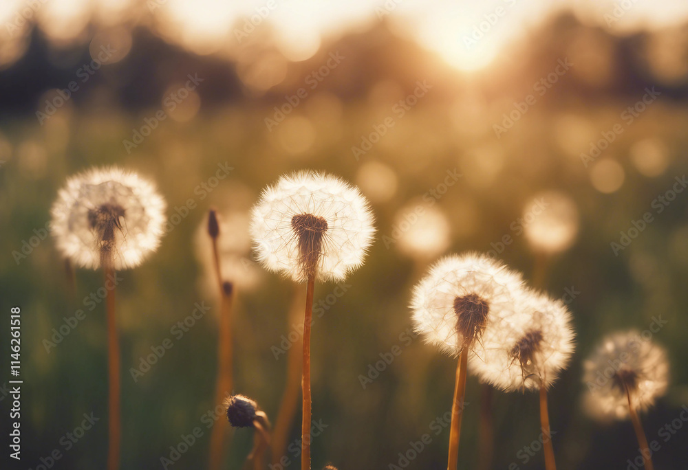 Field of dandelion in sunset bokeh and allergy Field of dandelion in sunset bokeh and allergy