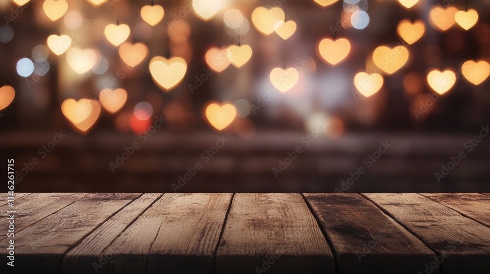 A blurred background of glowing heart shapes with a wooden table in the foreground, creating a romantic atmosphere. A blurred background of glowing heart shapes with a wooden table in the foreground, creating a romantic atmosphere.