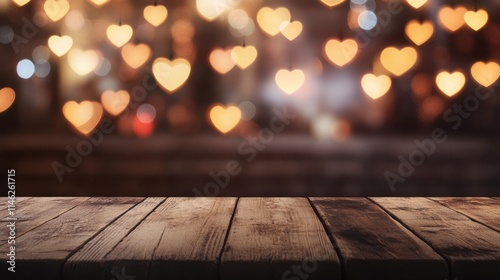 A blurred background of glowing heart shapes with a wooden table in the foreground, creating a romantic atmosphere.