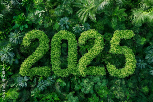 Goal 2025 New Year Green business planning and development for sustainable environmental development goals. Drone top view in a large, lush forest. ESG, SDGs, ccs, net zero