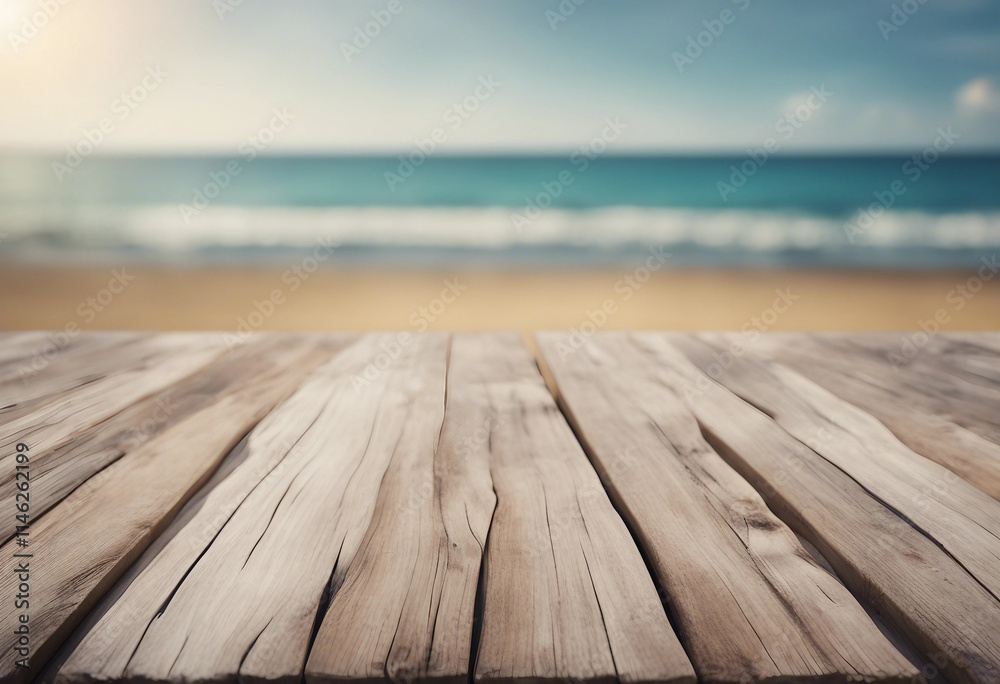 Empty Wooden Planks With Blur Beach And Sea On background Empty Wooden Planks With Blur Beach And Sea On background