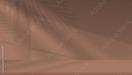 Background Brown Kitchen interior room with light, palm leaves shadow on mocha mousse Wall,Vector 3d Studio with shadow from window effect on empty podium display for Product present in Winter,Spring