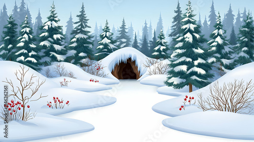 Snowy forest scene with cave entrance, bare branches, red berries. Winter background for holiday designs.