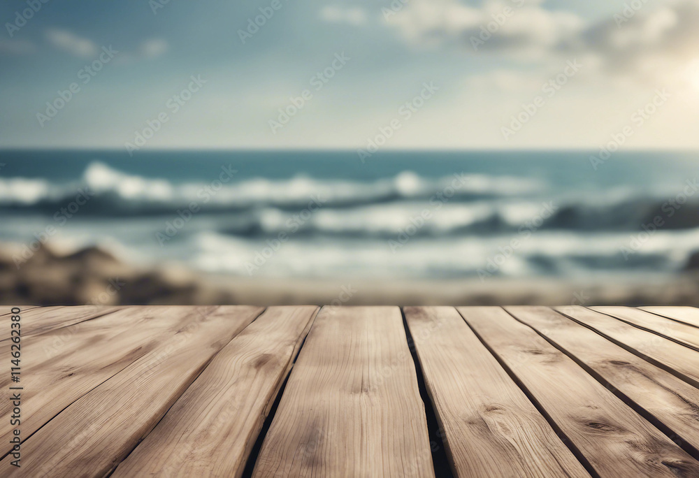 Empty Wooden Planks With Blur Beach And Sea On background Empty Wooden Planks With Blur Beach And Sea On background