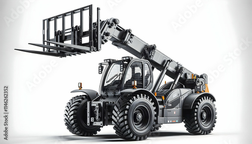 construction An isolated telehandler, positioned on a white background, with its extended boom and lifting forks 1
