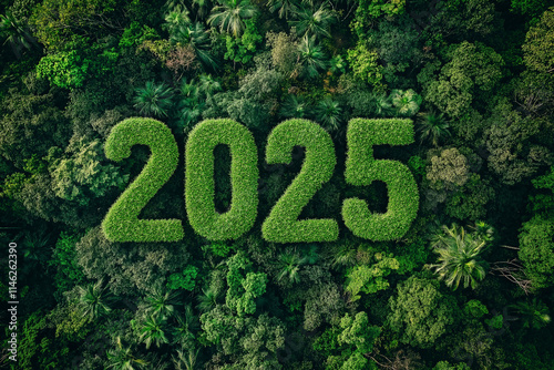 Goal 2025 New Year Green business planning and development for sustainable environmental development goals. Drone top view in a large, lush forest. ESG, SDGs, ccs, net zero