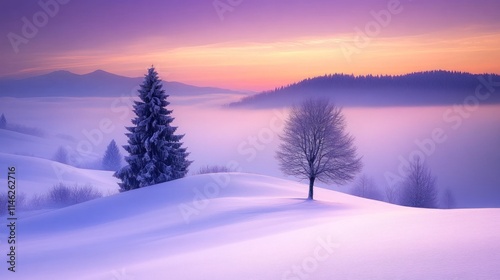 Serene winter landscape at sunrise, snow-covered hills, misty valley, evergreen and deciduous trees.