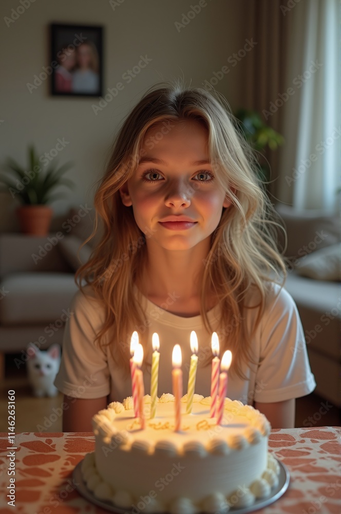 Young girl celebrating birthday with cake and candles Young girl celebrating birthday with cake and candles