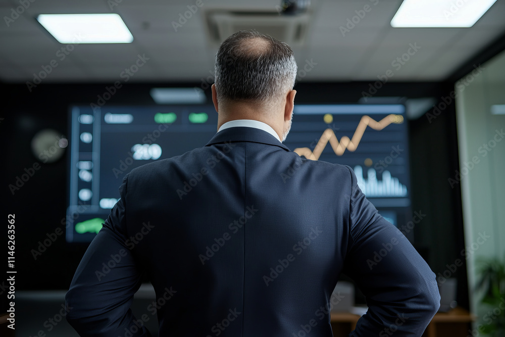 business executive in suit observes large screen displaying financial data and graphs business executive in suit observes large screen displaying financial data and graphs