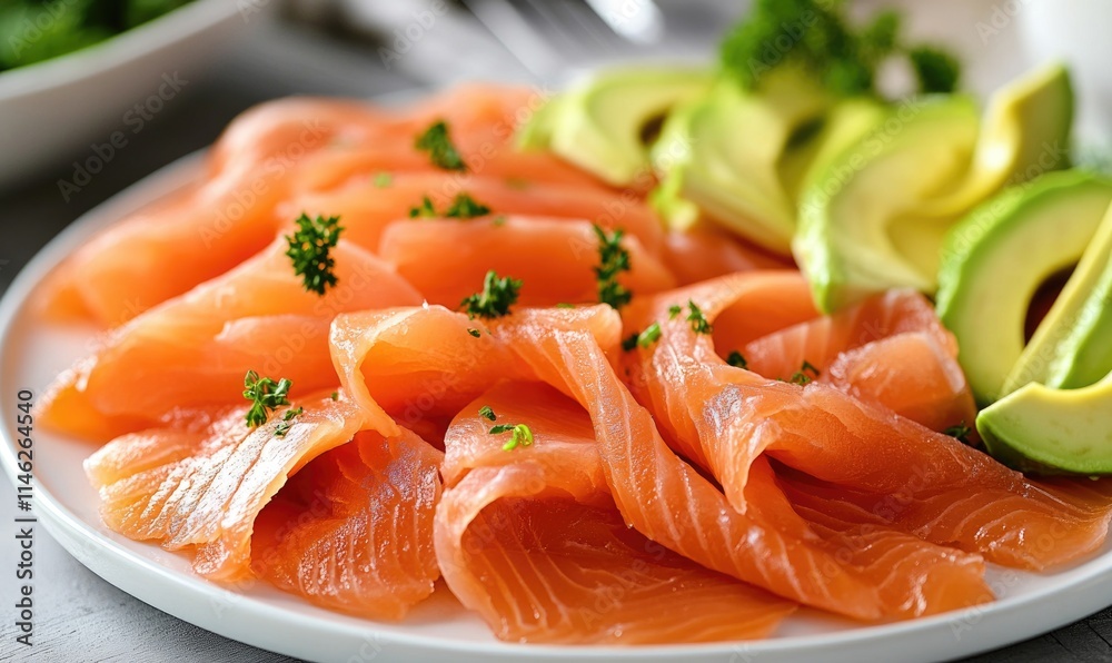 A plate of salmon and avocado A plate of salmon and avocado